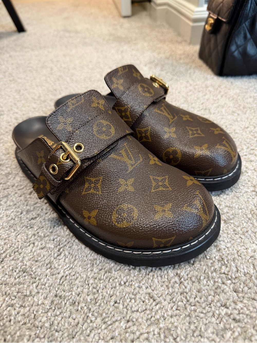 Louis Vuitton Monogram Slip-On Mules in Brown and Gold